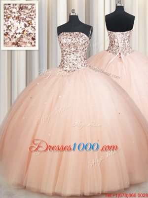 Glorious Beading 15th Birthday Dress Peach Lace Up Sleeveless Floor Length