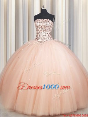 Glorious Beading 15th Birthday Dress Peach Lace Up Sleeveless Floor Length