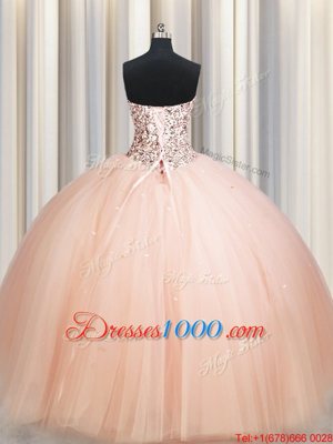 Glorious Beading 15th Birthday Dress Peach Lace Up Sleeveless Floor Length