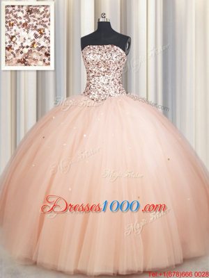 Glorious Beading 15th Birthday Dress Peach Lace Up Sleeveless Floor Length