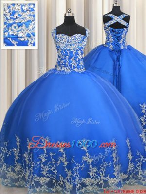 Charming Straps Sleeveless Quince Ball Gowns Floor Length Beading and Appliques Blue Tulle