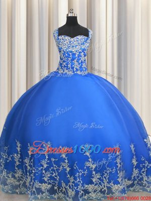 Charming Straps Sleeveless Quince Ball Gowns Floor Length Beading and Appliques Blue Tulle