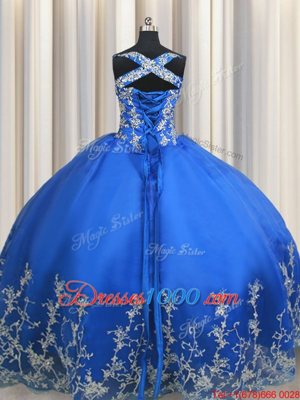 Charming Straps Sleeveless Quince Ball Gowns Floor Length Beading and Appliques Blue Tulle