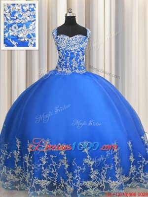 Charming Straps Sleeveless Quince Ball Gowns Floor Length Beading and Appliques Blue Tulle