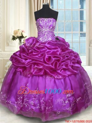Super Floor Length Eggplant Purple Quince Ball Gowns Organza Sleeveless Beading and Embroidery and Pick Ups