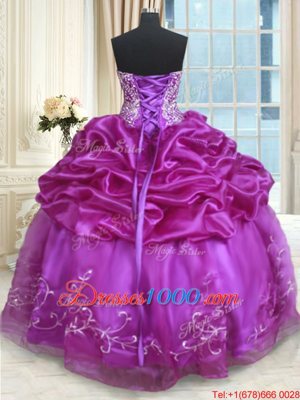 Super Floor Length Eggplant Purple Quince Ball Gowns Organza Sleeveless Beading and Embroidery and Pick Ups