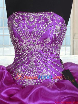 Super Floor Length Eggplant Purple Quince Ball Gowns Organza Sleeveless Beading and Embroidery and Pick Ups