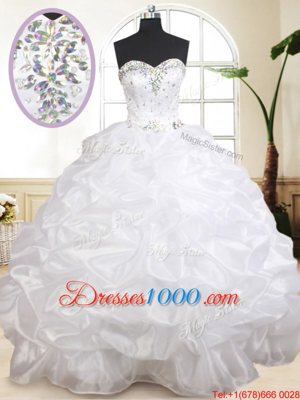 White Ball Gowns Organza Sweetheart Sleeveless Beading and Pick Ups Floor Length Lace Up 15th Birthday Dress