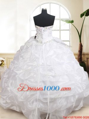 White Ball Gowns Organza Sweetheart Sleeveless Beading and Pick Ups Floor Length Lace Up 15th Birthday Dress