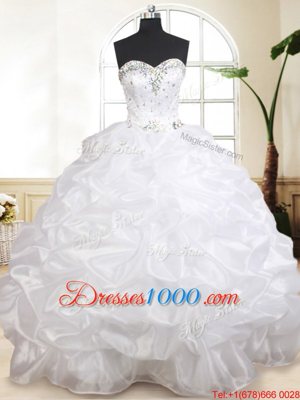 White Ball Gowns Organza Sweetheart Sleeveless Beading and Pick Ups Floor Length Lace Up 15th Birthday Dress