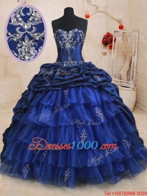Spectacular Pick Ups Ruffled Royal Blue Sleeveless Organza and Taffeta Brush Train Lace Up Sweet 16 Quinceanera Dress for Military Ball and Sweet 16 and Quinceanera