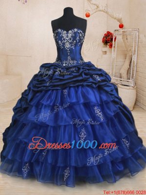 Spectacular Pick Ups Ruffled Royal Blue Sleeveless Organza and Taffeta Brush Train Lace Up Sweet 16 Quinceanera Dress for Military Ball and Sweet 16 and Quinceanera