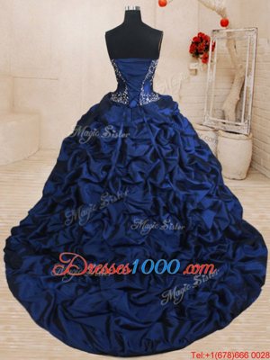 Spectacular Pick Ups Ruffled Royal Blue Sleeveless Organza and Taffeta Brush Train Lace Up Sweet 16 Quinceanera Dress for Military Ball and Sweet 16 and Quinceanera