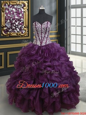 Custom Fit Floor Length Dark Purple Quinceanera Dresses Organza Sleeveless Beading and Ruffles