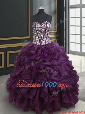 Custom Fit Floor Length Dark Purple Quinceanera Dresses Organza Sleeveless Beading and Ruffles