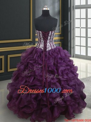 Custom Fit Floor Length Dark Purple Quinceanera Dresses Organza Sleeveless Beading and Ruffles