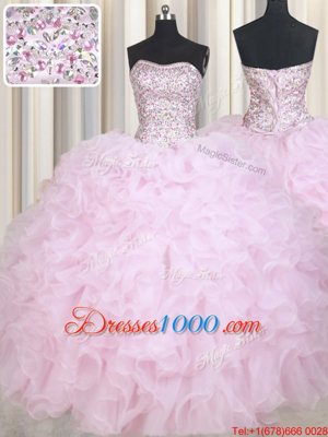 New Style Baby Pink Ball Gowns Strapless Sleeveless Organza Floor Length Lace Up Beading and Ruffles Vestidos de Quinceanera