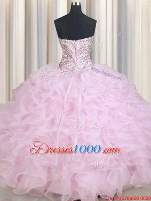 New Style Baby Pink Ball Gowns Strapless Sleeveless Organza Floor Length Lace Up Beading and Ruffles Vestidos de Quinceanera