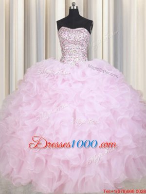 New Style Baby Pink Ball Gowns Strapless Sleeveless Organza Floor Length Lace Up Beading and Ruffles Vestidos de Quinceanera