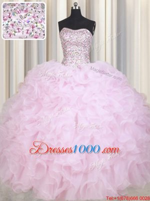 New Style Baby Pink Ball Gowns Strapless Sleeveless Organza Floor Length Lace Up Beading and Ruffles Vestidos de Quinceanera