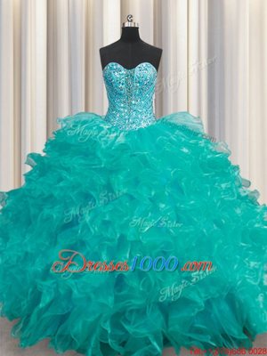 Custom Designed Turquoise Ball Gowns Organza Sweetheart Sleeveless Beading and Ruffles Floor Length Lace Up Sweet 16 Dress