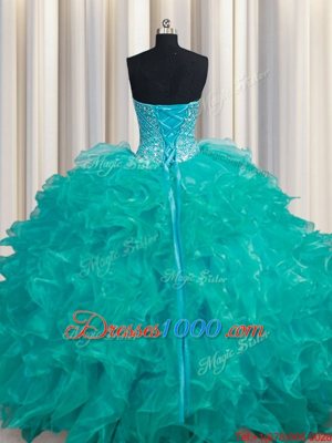 Custom Designed Turquoise Ball Gowns Organza Sweetheart Sleeveless Beading and Ruffles Floor Length Lace Up Sweet 16 Dress