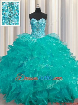 Custom Designed Turquoise Ball Gowns Organza Sweetheart Sleeveless Beading and Ruffles Floor Length Lace Up Sweet 16 Dress