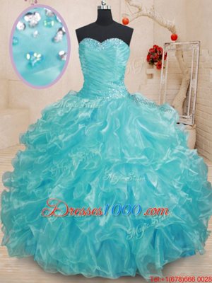 Luxurious Aqua Blue Ball Gowns Organza Sweetheart Sleeveless Beading and Ruffles Floor Length Lace Up Quinceanera Gowns