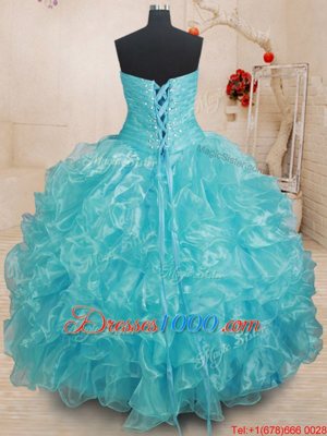 Luxurious Aqua Blue Ball Gowns Organza Sweetheart Sleeveless Beading and Ruffles Floor Length Lace Up Quinceanera Gowns
