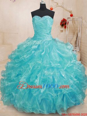 Luxurious Aqua Blue Ball Gowns Organza Sweetheart Sleeveless Beading and Ruffles Floor Length Lace Up Quinceanera Gowns