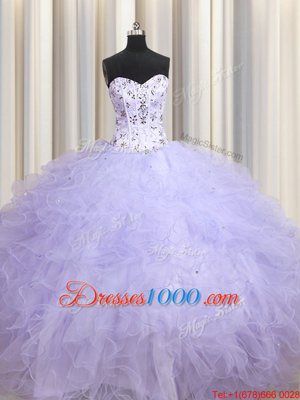 Graceful Sweetheart Sleeveless Quinceanera Gowns Floor Length Beading and Ruffles Lavender Tulle