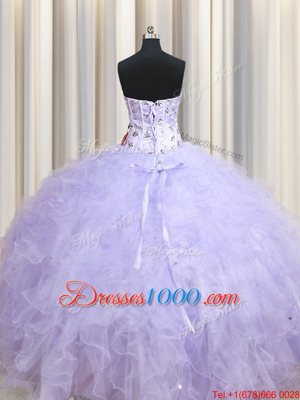 Graceful Sweetheart Sleeveless Quinceanera Gowns Floor Length Beading and Ruffles Lavender Tulle