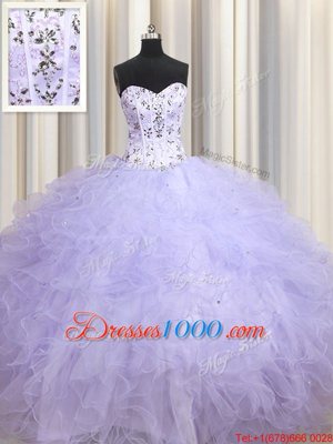 Graceful Sweetheart Sleeveless Quinceanera Gowns Floor Length Beading and Ruffles Lavender Tulle