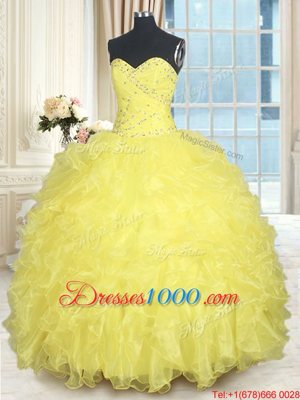 Yellow Ball Gowns Beading and Ruffles Quinceanera Dresses Lace Up Organza Sleeveless Floor Length