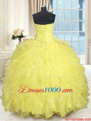 Yellow Ball Gowns Beading and Ruffles Quinceanera Dresses Lace Up Organza Sleeveless Floor Length