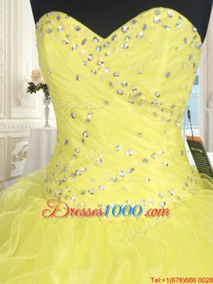 Yellow Ball Gowns Beading and Ruffles Quinceanera Dresses Lace Up Organza Sleeveless Floor Length