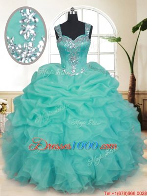 Dramatic Straps Straps Turquoise Zipper Sweet 16 Quinceanera Dress Beading and Ruffles and Pick Ups Sleeveless Floor Length