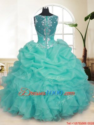 Dramatic Straps Straps Turquoise Zipper Sweet 16 Quinceanera Dress Beading and Ruffles and Pick Ups Sleeveless Floor Length