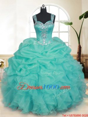 Dramatic Straps Straps Turquoise Zipper Sweet 16 Quinceanera Dress Beading and Ruffles and Pick Ups Sleeveless Floor Length