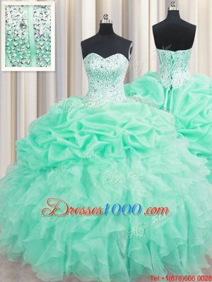Sweetheart Sleeveless Organza Quince Ball Gowns Beading and Ruffles and Pick Ups Lace Up