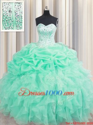 Sweetheart Sleeveless Organza Quince Ball Gowns Beading and Ruffles and Pick Ups Lace Up