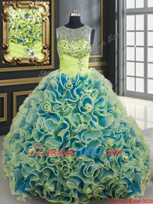 Scoop See Through Fabric with Rolling Flowers Sleeveless Beading and Sequins Lace Up Quince Ball Gowns with Yellow Green Brush Train