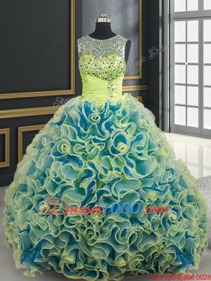 Scoop See Through Fabric with Rolling Flowers Sleeveless Beading and Sequins Lace Up Quince Ball Gowns with Yellow Green Brush Train