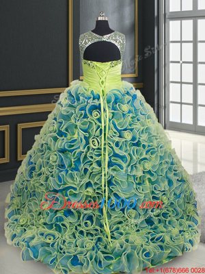 Scoop See Through Fabric with Rolling Flowers Sleeveless Beading and Sequins Lace Up Quince Ball Gowns with Yellow Green Brush Train