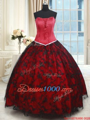 Black and Red Sleeveless Lace Floor Length Ball Gown Prom Dress