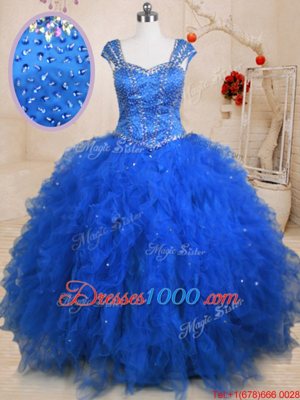 Enchanting Straps Straps Tulle Cap Sleeves Floor Length Quince Ball Gowns and Beading and Ruffles