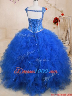 Enchanting Straps Straps Tulle Cap Sleeves Floor Length Quince Ball Gowns and Beading and Ruffles