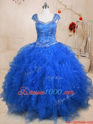 Enchanting Straps Straps Tulle Cap Sleeves Floor Length Quince Ball Gowns and Beading and Ruffles