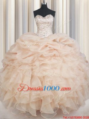 Champagne Lace Up Sweetheart Beading and Ruffles and Pick Ups Quinceanera Dresses Organza Sleeveless