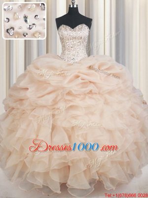 Champagne Lace Up Sweetheart Beading and Ruffles and Pick Ups Quinceanera Dresses Organza Sleeveless